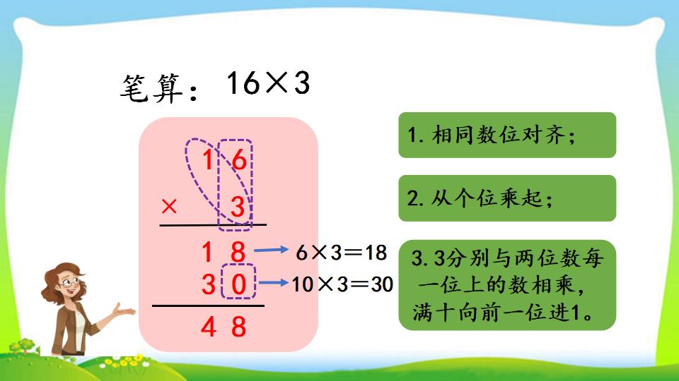 三年级上册数学资料《两、三位数乘一位数 （一次进位）的笔算》PPT课件（2024年）共13页